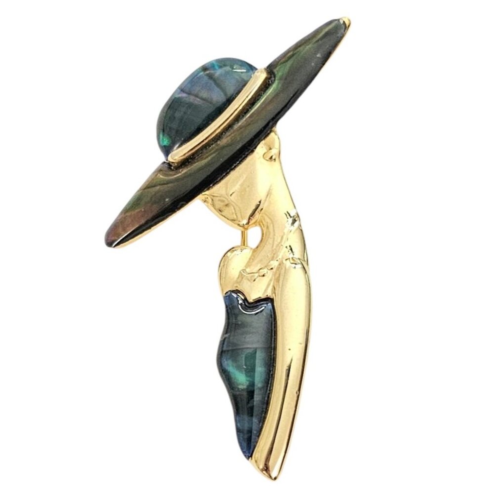 Park Lane Gold Tone Faux Abalone Lady In Hat Bust Brooch Pin, Signed L834